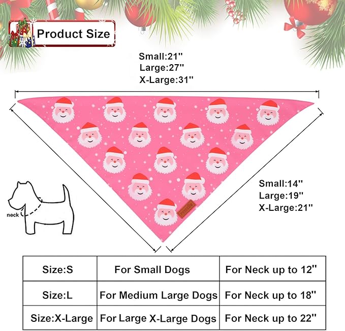 PTDECOR Christmas Dog Bandana,Xmas Pink Scarf Santa Deer Reversible Holiday Dog Scarf, Female Christmas Bandanas for Medium Large Dogs Pets (Large)