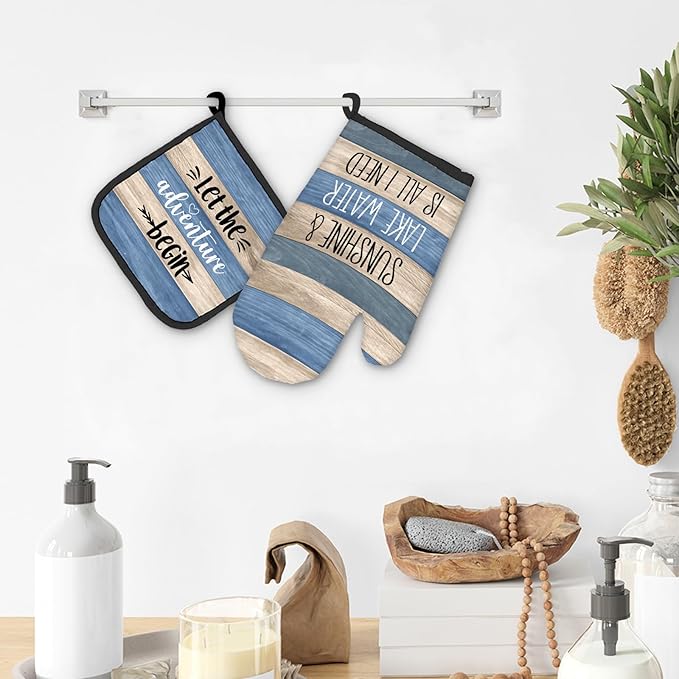 Lake Gifts Oven Mitts and Pot Holders Sets, Lake Lovers House Gifts Kitchen Accessories Sets Decor, Rustic Sunshine Lake Water is All I Need Heat Resistant Oven Glove Potholders for Kitchen