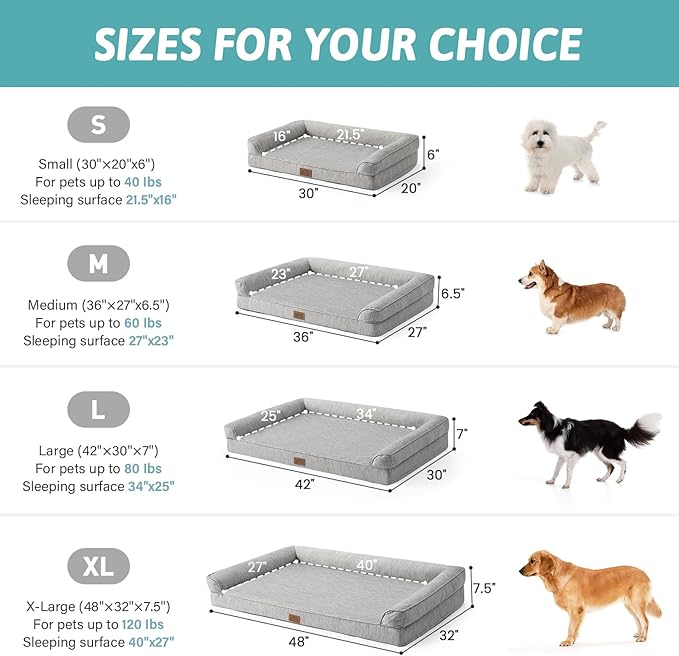 COZY KISS Cooling Dog Bed, Orthopedic Foam Dog Bed with Sides, Removable Washable Cover & Waterproof Lining and Nonskid Bottom, Comfortable Pet Beds for Large Dogs, Grey (42" L x 30" W x 7" Th)