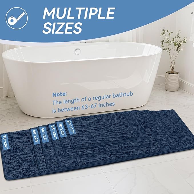 Bcoimo 44"×24" Absorbent Bath Mat, Non-Slip with Backing Chenille Bath Rug and Machine Washable Bathroom Mat Quick-Dry Design. Ideal for Bathroom and Tub Areas