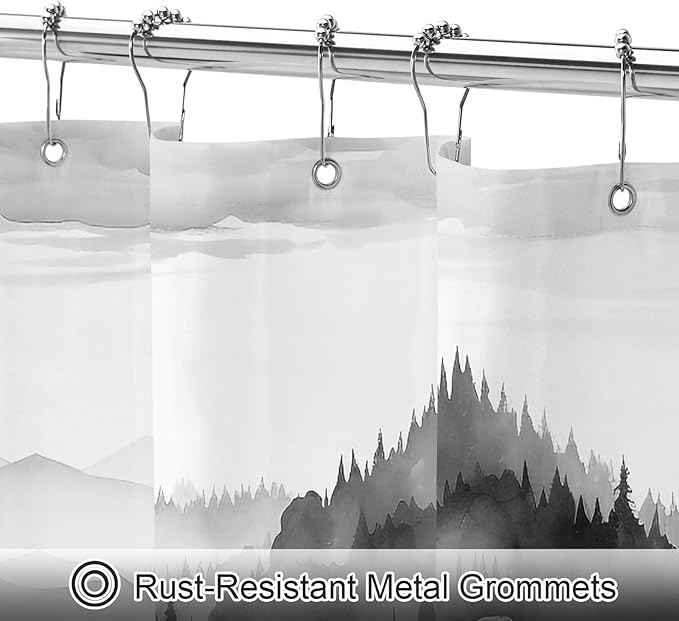 Litabel Black Extra Long Misty Pine Forest Shower Curtain 72 x 84, XL Mountain Foggy Woodland Scenery Tree Shower Curtains for Bathroom, Abstract Waterproof Nature-Themed Decor