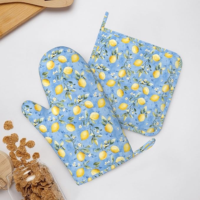 Oven Mitts Pot Holders Set Watercolor Lemon Flower Blue Silicone Kitchen Gloves Potholders Heat Resistant for Chef Baking Cooking Grilling BBQ 4 Pack Mitt