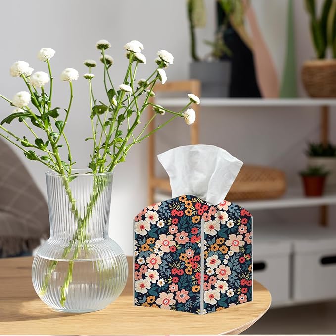 Tissue Box Cover, Tissue Box Holder, Square with Belt Bottom, PU Leather Decorative Organizer for Desk, Table, Countertop Bathroom, Toilet Car, Office, Dresser Bedside, Aesthetic Floral Decor
