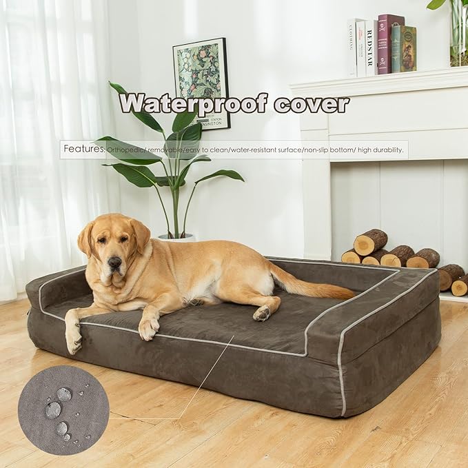 Mama halo Orthopedic Foam Dog Beds for Extra-Large Dogs Up to 130 lbs, XL Dog Couch with Bolster, Washable Pet Bed Sofa with Removable All-Over Water-Resistant Cover & Non-Slip Bottom(X-Large, Grey)