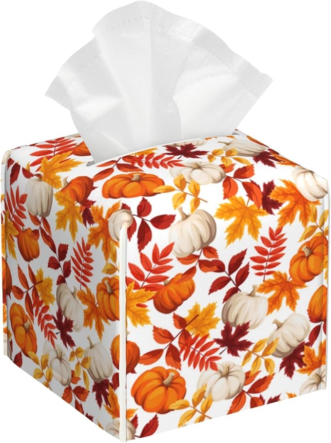 POIUBLE Leather Tissue Box Holder Autumn Pumpkins and Leaves Tissue Box Cover Thanksgiving Square Waterproof Tissue Holder Organizer Modern Napkin Holder for Bedroom Dresser Night Stand Office Desk