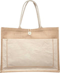 DISCOUNT PROMOS Custom Jute Tote Bags with Cotton Pocket Set of 1, Personalized Text logo and Picture - Reusable, Great for Picnic, Camping, Beach, Outdoor Activities - Natural