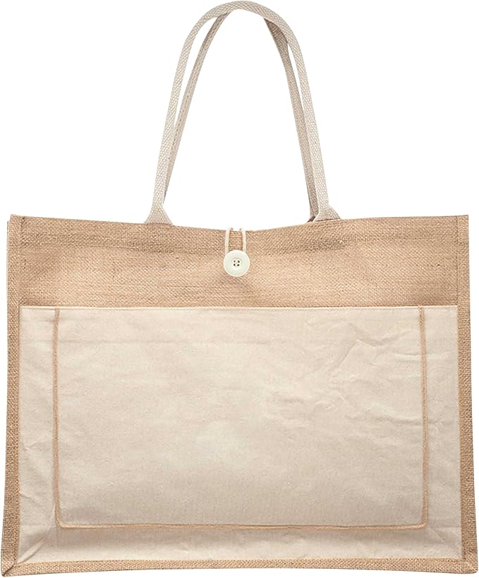 DISCOUNT PROMOS Custom Jute Tote Bags with Cotton Pocket Set of 1, Personalized Text logo and Picture - Reusable, Great for Picnic, Camping, Beach, Outdoor Activities - Natural