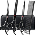 FAIGEO Professional Dog Grooming Scissors Set Stainless Steel Dog Grooming Kit - Thinning, Curved Scissors and Comb for Cat Pet (Black 5 in1)