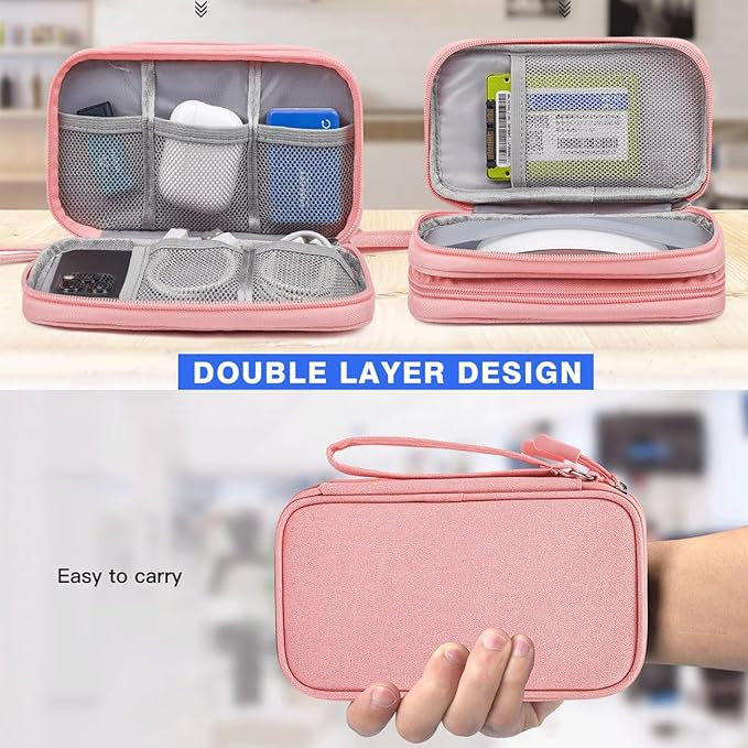 CAAORDKSO Electronic Cable Organizer Bag, Travel Electronic Accessories Carry Case Portable Waterproof Double Layers Storage Bag for Cable, Cord, Charger, Power Bank, Earphone (Light Pink, Medium)