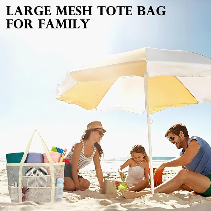 Fammart Mesh Beach Bag, Large Beach Tote with Zipper Pocket for Family Pool Bag for Toys & Vacation Essentials