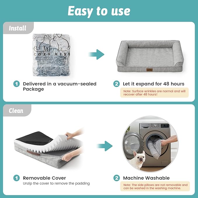 COZY KISS Cooling Dog Bed, Orthopedic Foam Dog Bed with Sides, Removable Washable Cover & Waterproof Lining and Nonskid Bottom, Comfortable Pet Beds for Large Dogs, Grey (42" L x 30" W x 7" Th)