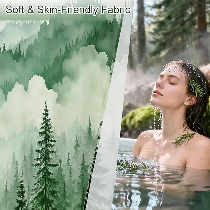 Litabel Green Extra Long Misty Pine Forest Shower Curtain 72 x 84, XL Mountain Foggy Woodland Scenery Tree Shower Curtains for Bathroom, Abstract Waterproof Nature-Themed Decor