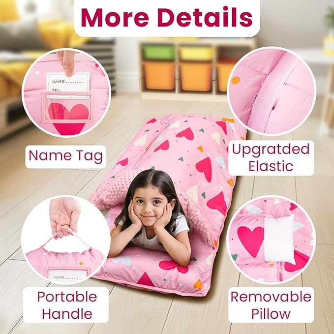 Beavtaens Toddler Nap Mat with Pillow and Minky Blanket, Large 55"x35" Sleeping Bag, Washable, Lightweight, Easy to Roll, Perfect for Preschool, Daycare, Kindergarten, Travel, Boys and Girls(Hearts)