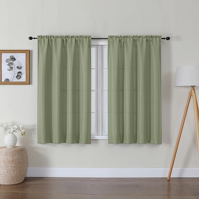 Lecloud Bessie Light Green Curtains 45 Inch Length 2 Panels, Light Filtering Curtains for Bedroom, Faux Linen Textured Window Drapes Rod Pocket, Window Treatments for Small Windows, Each 30 W x 45 L