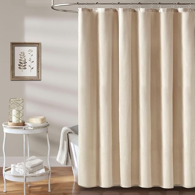BTTN Extra Long Fabric Shower Curtain - 72 x 90 Inch Linen Textured Heavy Duty Cloth Shower Curtain Set with 12 Plastic Hooks, Large Hotel Luxury Polyester Shower Curtains for Bathroom, Beige/Cream