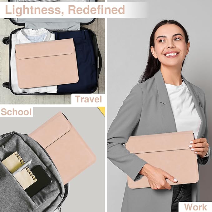 Allinside 13-14 Inch Laptop Sleeve Case for MacBook Pro 14" 2021-2024/MacBook Air 13" 2010-2017/MacBook Pro 13" 2010-2015, Waterproof PU Matte Leather Sleeve with Stand & Accessory Pouch, Pale Pink