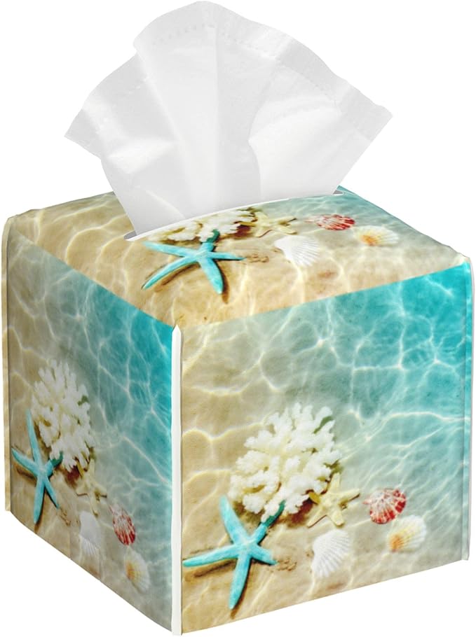 BLYKVGHQ Summer Beach Leather Tissue Box Holder Starfish and Seashell Tissue Box Cover Facial Paper Case Organizer Cube Napkin Dispenser for Bathroom Vanity Countertop Night Stand Office Car