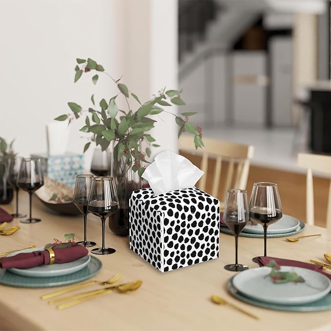 Abstract Black Dots Tissue Box Cover Square,Tissue Box Holder with Belt Bottom,Stylish Leather Napkin Holder for Vanity Countertop,Nightstands,Office Desk,5.2"×5.2"×5.2"