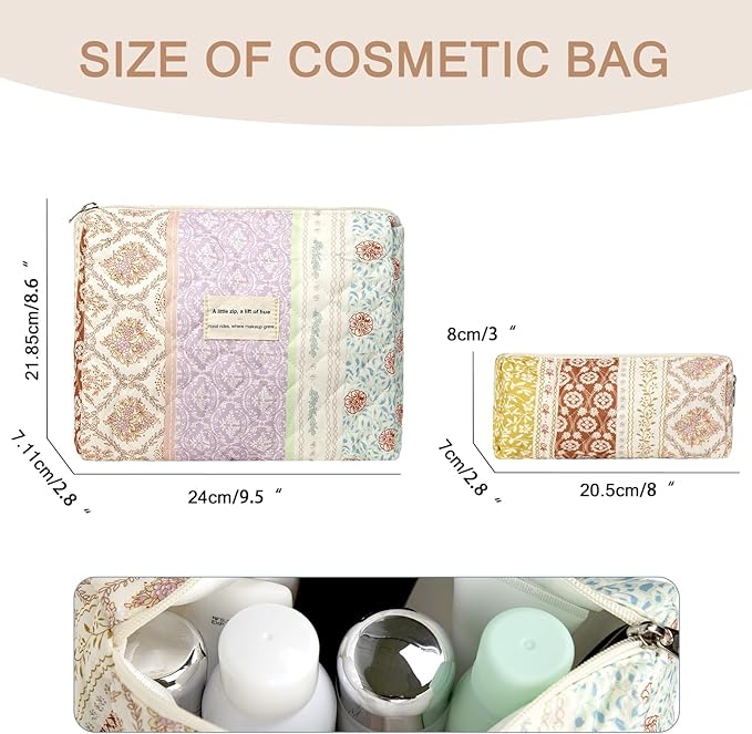 Gosect 2PC Makeup Bag Set, Cute Cosmetic Bag for Women Girls, Floral Coquette Aesthetic Toiletry Bag, Travel Make Up Organizer Bag (Color-Coded Floral)