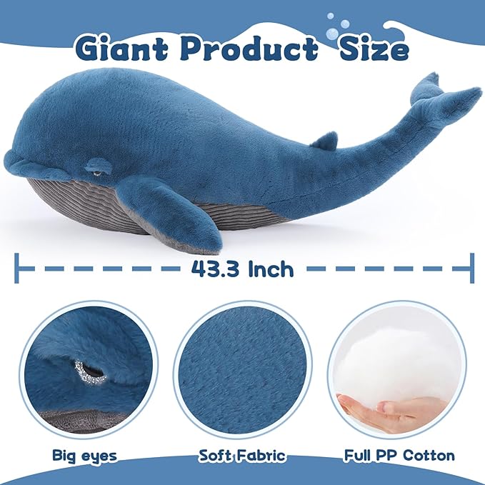 Tezituor 43.3 inch Giant Whale Stuffed Animal, Large Realistic Blue Stuffed Whale Plush Ocean Toys Gift for Christmas Birthday, Hugging 4ft Soft Whale Plush Body Pillow for Girls Boys