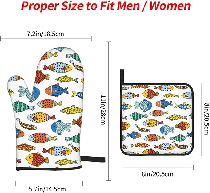 Colorful Fish Oven Mitts and Pot Holders Set of 4, Oven Mittens and Potholders Heat Resistant Gloves for Kitchen Cooking Baking Grilling BBQ