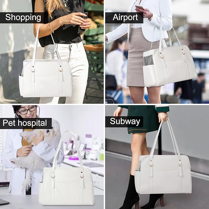 Lasaviin Dog Carrier Purse, Fashion Leather Pet Carrier with Pockets, Airline Approved Soft Sided Dog Carrying Bag for Puppy Cat Dog White