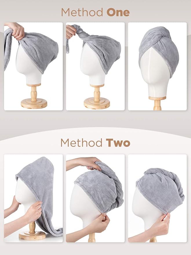 Hicober Microfiber Hair Towel, 2Packs Hair Turbans for Wet Hair, Drying Hair Wrap Towels for Curly Hair Women Anti Frizz(Pink,Grey)