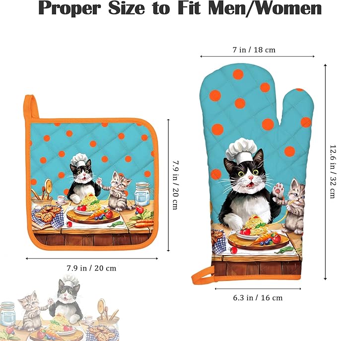 Cute Cat Oven Mitts and Pot Holders Sets 2Pcs, 100% Cotton Heat Resistant, Extra Long Oven Gloves Potholder for Kitchen Cooking Baking Decoration