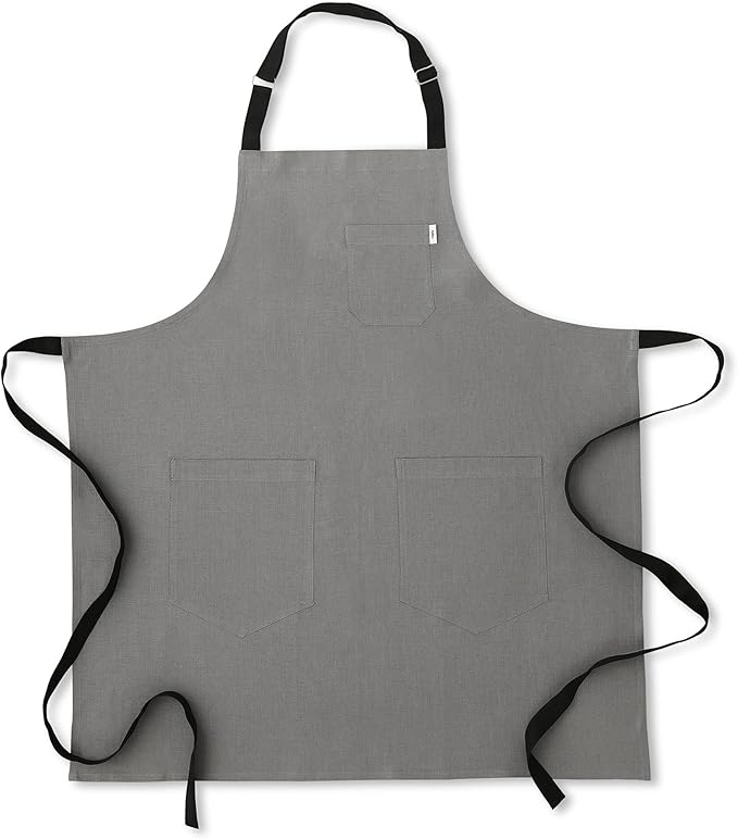 Solino Home Linen Bib Apron for Men & Women - 33 x 30 Inch Kitchen Apron with Front Pockets - Handcrafted from European Flax