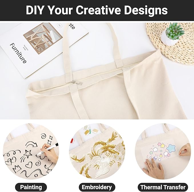 Segarty Blank Tote Canvas Bag with Zipper, 3pcs 19.7x15.7 inch Bags with Handles, 12oz Heavy Duty Reusable Washable Grocery Shopping Bags Plain Bags for Teacher DIY Art Craft Paint Embroidery