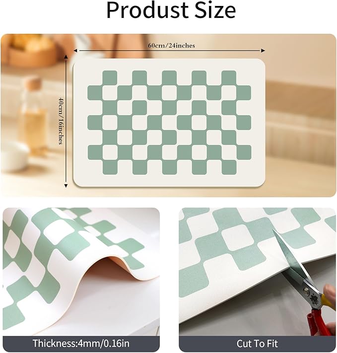 Large Dish Drying Mats for Kitchen Counter 24''x16'' Black Sage Beige Checkered Non-slip Coffee Espresso Accessories,Sage Checkered