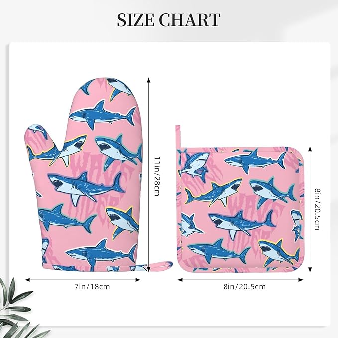 Funny Cartoon Shark Oven Mitts and Pot Holders Set of 4 Silicone Heat Resistant Oven Mitten Potholders Non Slip Gloves Kitchen Decor for BBQ Cooking Grilling Baking