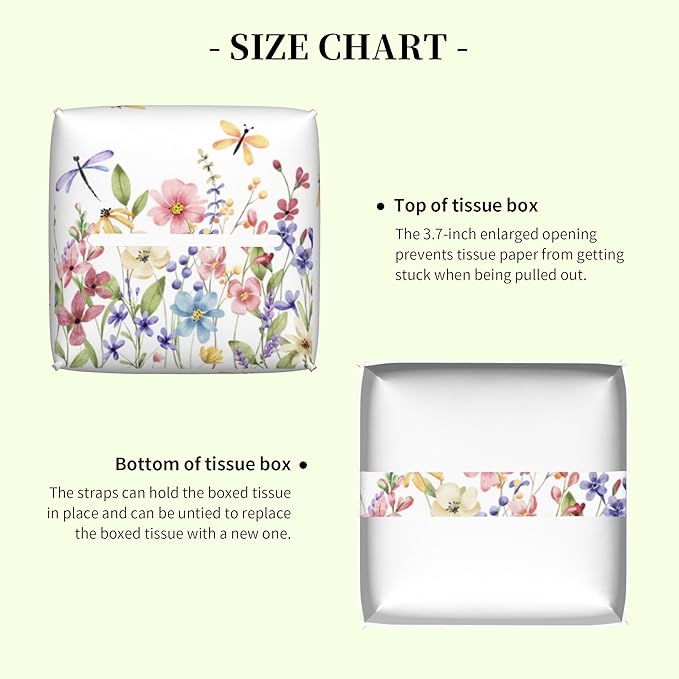 Watercolor Wildflowers Butterfly Dragonfly Tissue Box Cover Square Leather Tissue Holder Waterproof Facial Paper Organizer Dispenser Cube Paper Cover Case for Home Office Bathroom Vanity Countertop