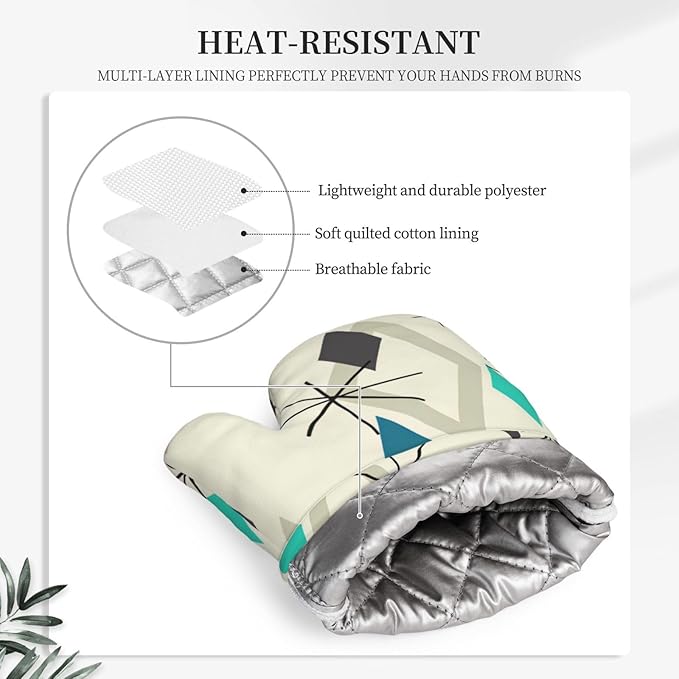 Silicone Oven Mitts and Pot Holders Sets, Home Vintage Mid Century Geometic Heat Resistant BBQ Gloves for Kitchen Baking Cooking Grilling Microwave