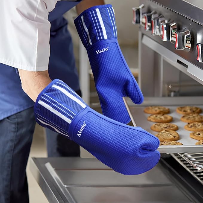 Oven Mitts Heat Resistant Silicone Kitchen Gloves for 550 Degrees with Waterproof and Non-Silp, Oven Gloves for Baking Cooking Barbecue Microwave Machine Washable (Extra Long Navy, 2)