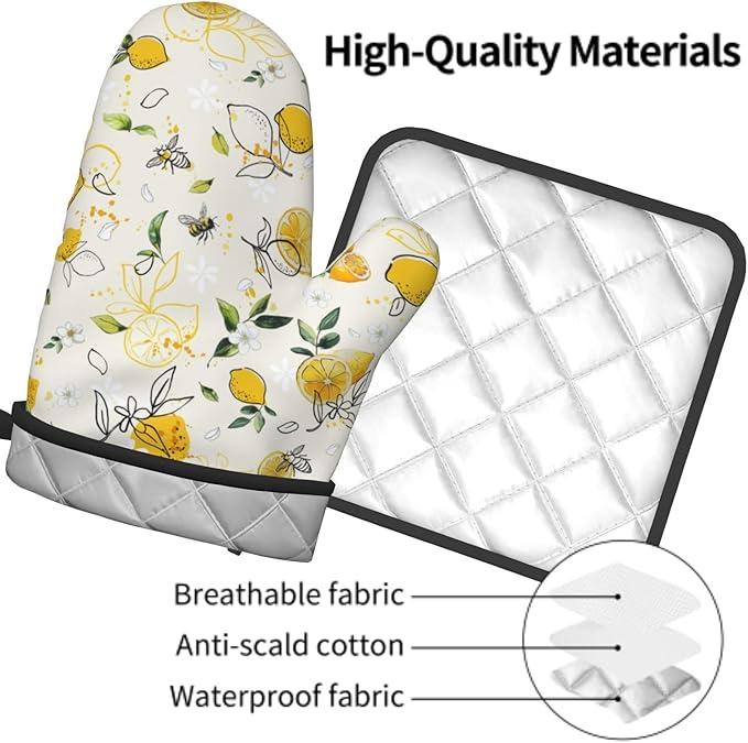Lemon Oven Mitt & Pot Holder Set of 2，Spring Watercolor Floral Heat Resistant Kitchen Gloves Potholder Summer Fruit Cooking Gloves Pan Mats for Baking, Grilling, Kitchen，Outdoor