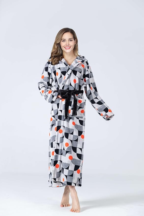 RONGTAI Womens Robes Plush Fleece Hooded Bathrobe Thick Nightgown with Pockets Fluffy Sleepwear