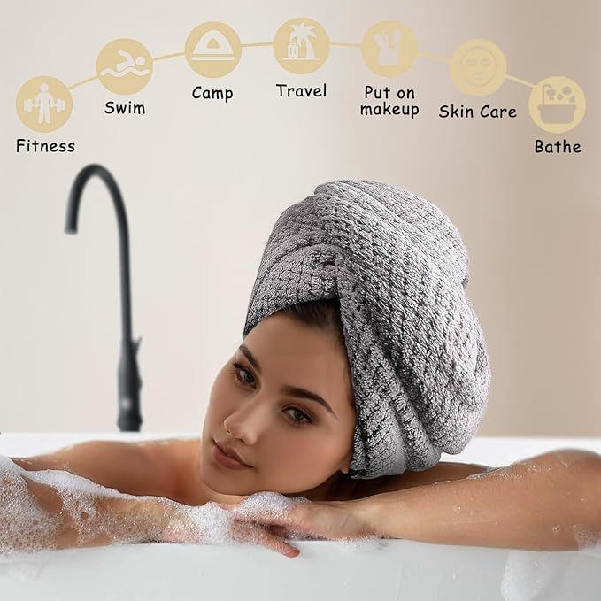 YHPDYL 3 Pack Microfiber Hair Towel Wrap for Women, Fast Drying Hair Turban with Button, Anti-Frizz Large Hair Towel for All Hair Styles, Soft & Absorbent Hair Drying Towel(White,Khaki,Grey)