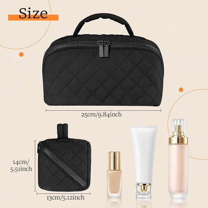 Makeup Bag for Women, Wide Open Lay-Flat Water-Resistant Cosmetic Case, Festivalment Makeup Bag, Spacious 180° Open Cosmetic Organizer for Toiletries & Brushes Large Capacity with Compartments (Black)