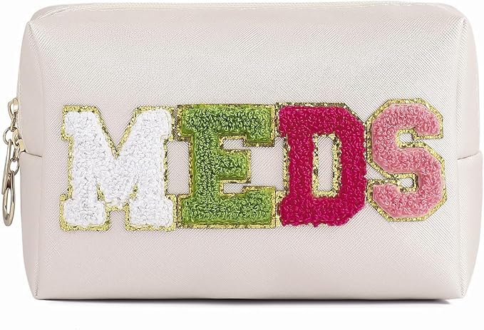 uekeboag PU Leather Medicine Bag with Zipper,Cute Chenille Letter Patches Travel Toiletry Meds Pouch for Women Girls, Daily Use Portable Organizer Cosmetic Bag (Beige- Colorful -MEDS)