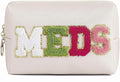 uekeboag PU Leather Medicine Bag with Zipper,Cute Chenille Letter Patches Travel Toiletry Meds Pouch for Women Girls, Daily Use Portable Organizer Cosmetic Bag (Beige- Colorful -MEDS)