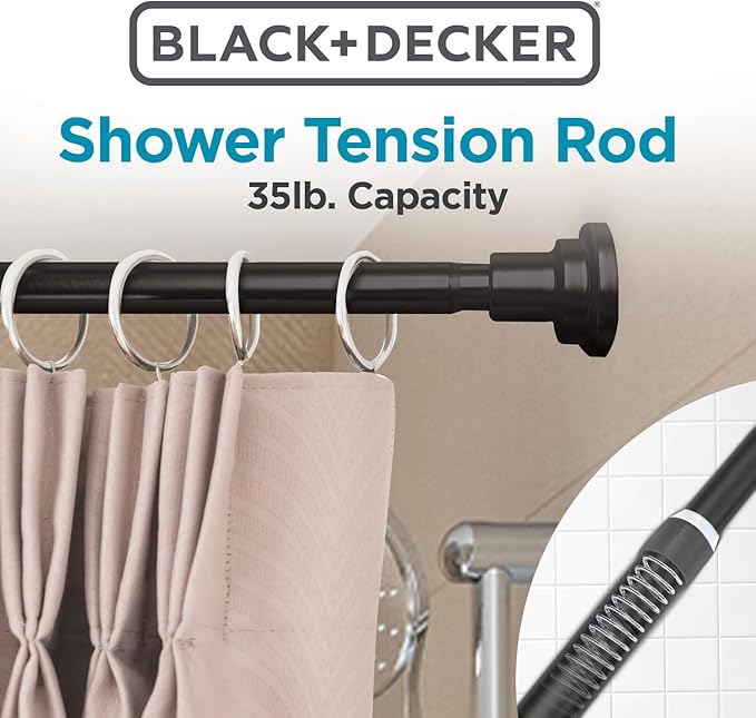 BLACK+DECKER Tension Shower Curtain Rod 42-72 Inch – Drill-Free Adjustable Curtain Rod, Rust-Resistant Stainless Steel Tension Curtain Rod for Shower, Bathroom, Window, Closet – 35 lb Capacity