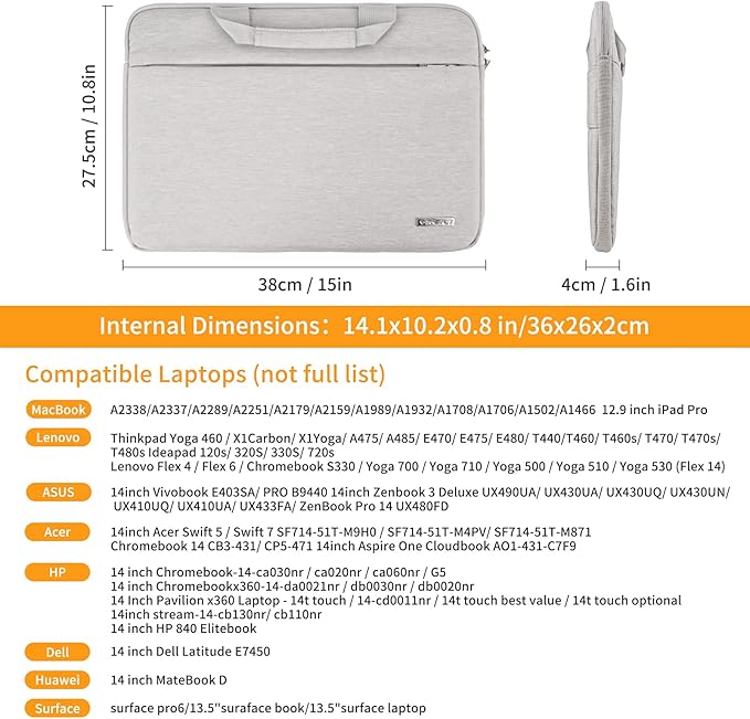 YXLILI Laptop Sleeve Case 14 Inch with Handle, Waterproof, Anti-Scratch, Shockproof Protective Computer Bag, Large Storage & Multi-Pocket Design-Light Grey