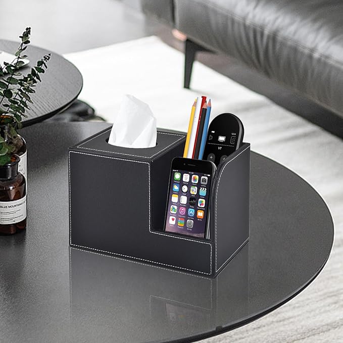 XNONE PU Leather Tissue Box Cover with Storage Square-Multifunctional Tissue Holder,Remote Control Holder,Decorative Tissues Boxes Organizer,Home Office Desktop Storage box,Black