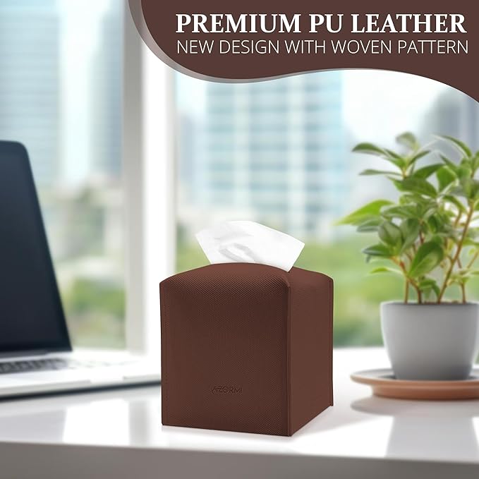 Tissue Box Cover, PU Leather Tissue Box Holder with Bottom Belt, Modern Square Tissue Box Covers with Wide Opening (Brown, Woven Patterns)