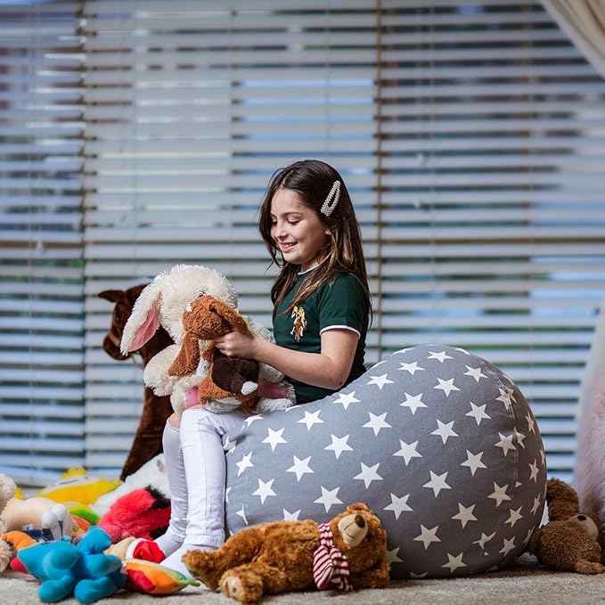 WEKAPO Stuffed Animal Storage Bean Bag Chair Cover for Kids | Stuffable Zipper Beanbag for Organizing Children Plush Toys Large Premium Cotton Canvas (Grey Star, X-Large)