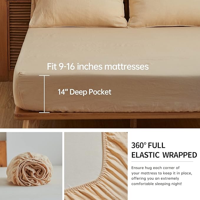 Simple&Opulence Washed Linen Bed Sheet Set Basic Style 4 Pieces (1 Flat Sheet & 1 Fitted Sheet & 2 Pillowcases) 100% Natural French Flax Soft Breathable Farmhouse Bedding (Queen, Sand)