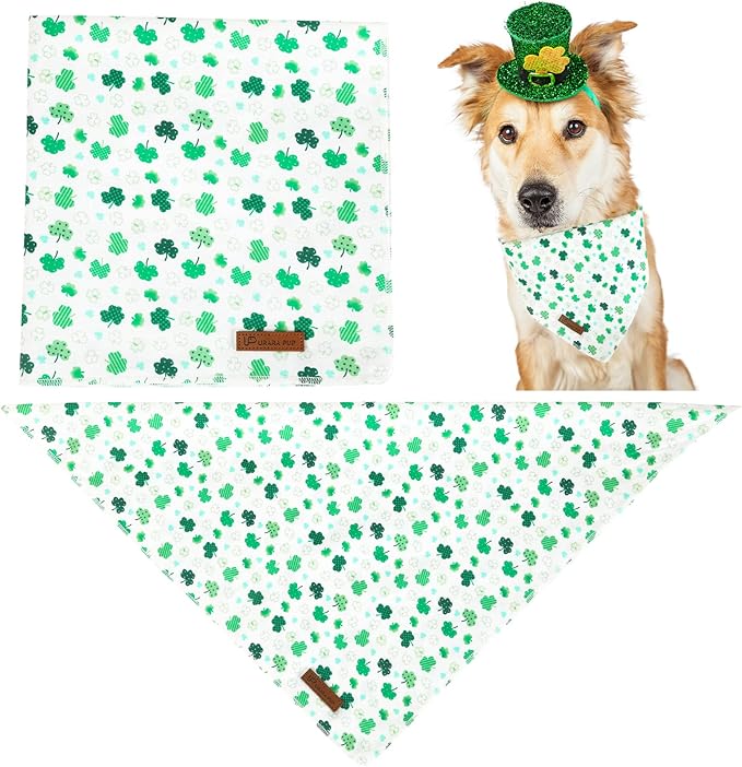 UP URARA PUP St. Patrick's Dog Bandana, Shamrock Triangle Bid Scarf for Medium Large Dogs, Cotton Kerchief for Girl Boy Puppies, Cute Spring Green Bandana