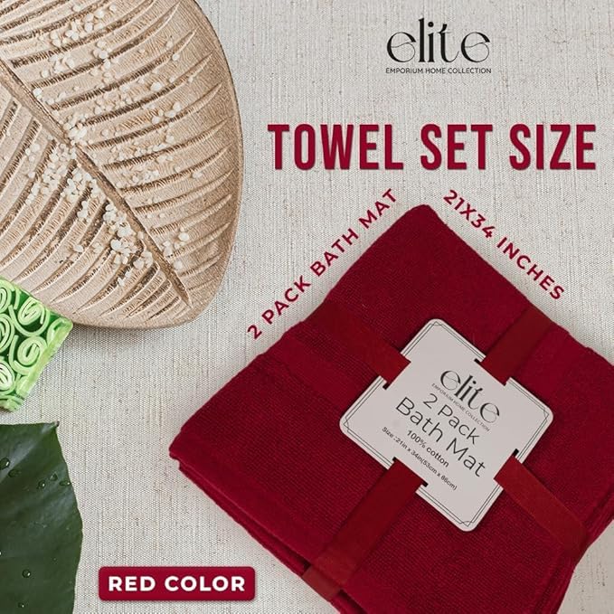 ELITE Emporium Home Collection 2-Piece Cotton Bathroom Mat Set, 21" x 34" - 100% Cotton, Absorbent, Quick-Dry, Bath Towel Mats for Floor, Red [Not a Bathroom Rug]