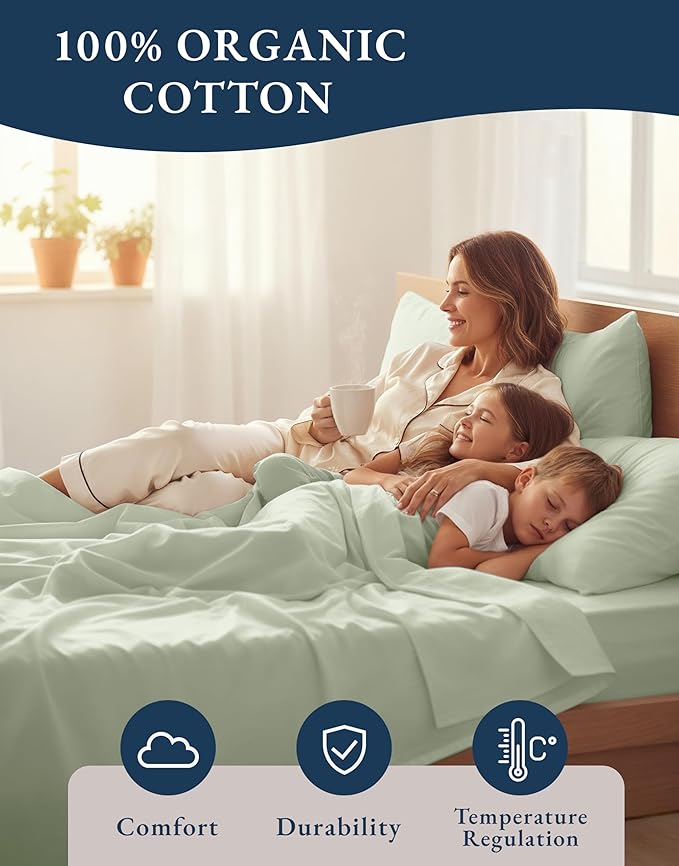 LANE LINEN 100% Organic Cotton Eco Friendly Full Size Sheet & Pillowcase Sets, Fully Elasticized Soft & Comfy Percale Bedding, Naturally Temperature Regulating Cotton Sheets Full- Mineral
